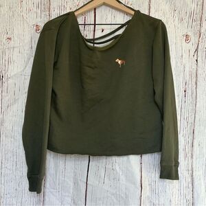 PINK Victoria's Secret Olive Green Crop Pullover w/ Pink Dog Logo